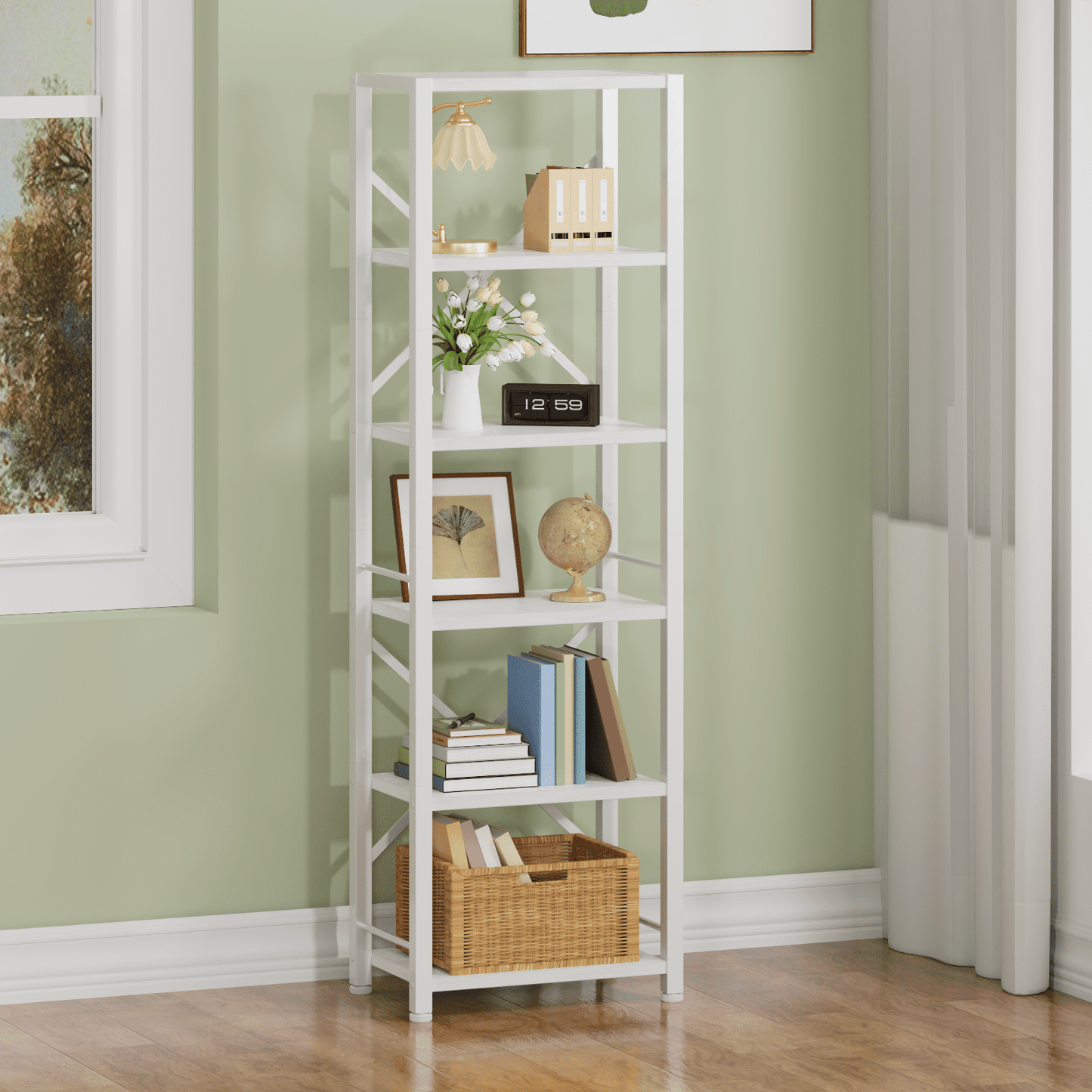 Satifur Bookshelf Bookcase Organizer with 6 Shelves for Living Room Bedroom Kitchen Garage, White