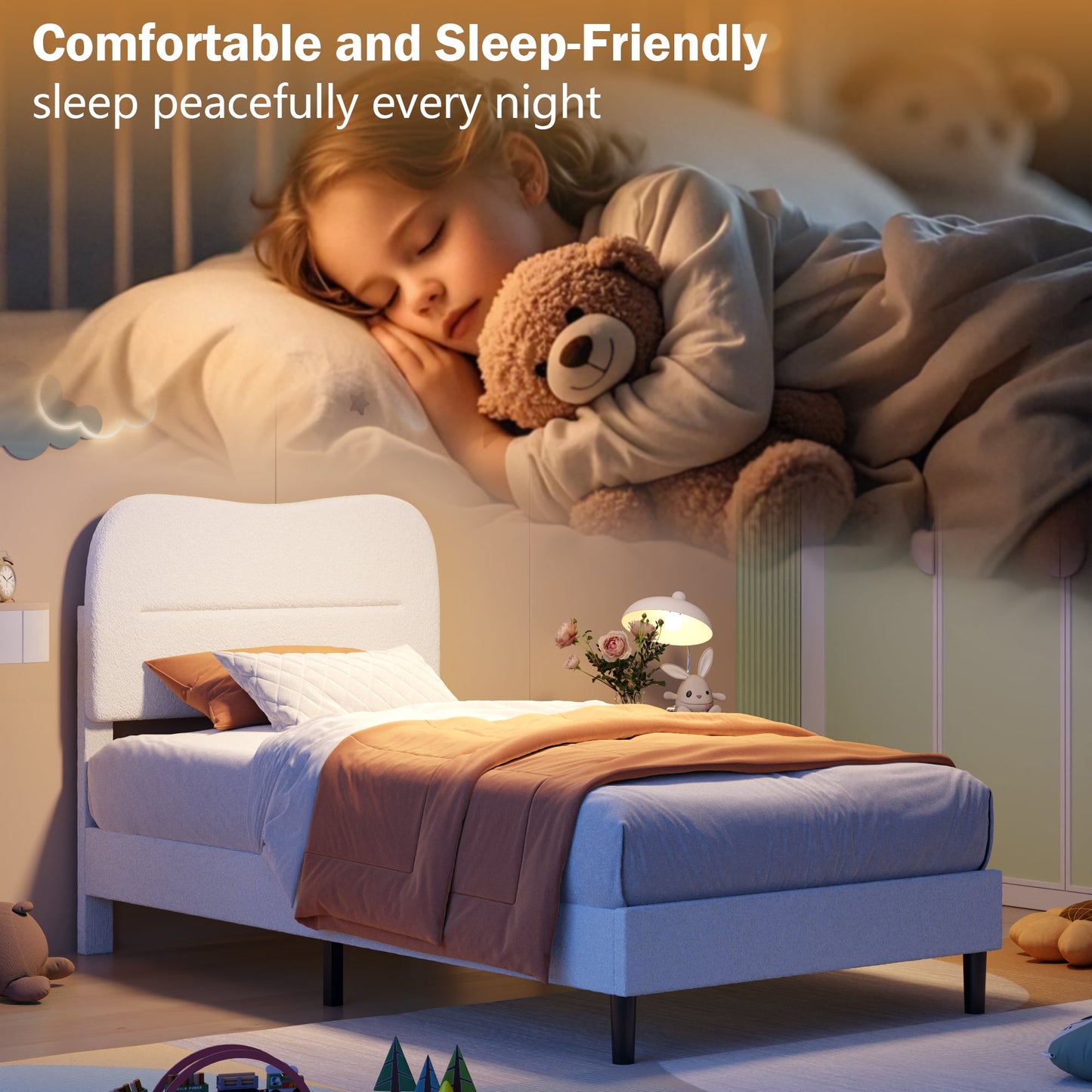 Tydimor Twin Bed Frame with Teddy Velvet Soft Curved Headboard, Platform Bed Easy Assembly, Noise-Free, White