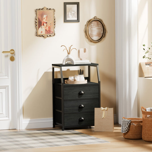 Satifur Nightstand,Vertical Dresser with Fabric Chest of Drawers & Storage for Bedroom,Living Room,Black Oak