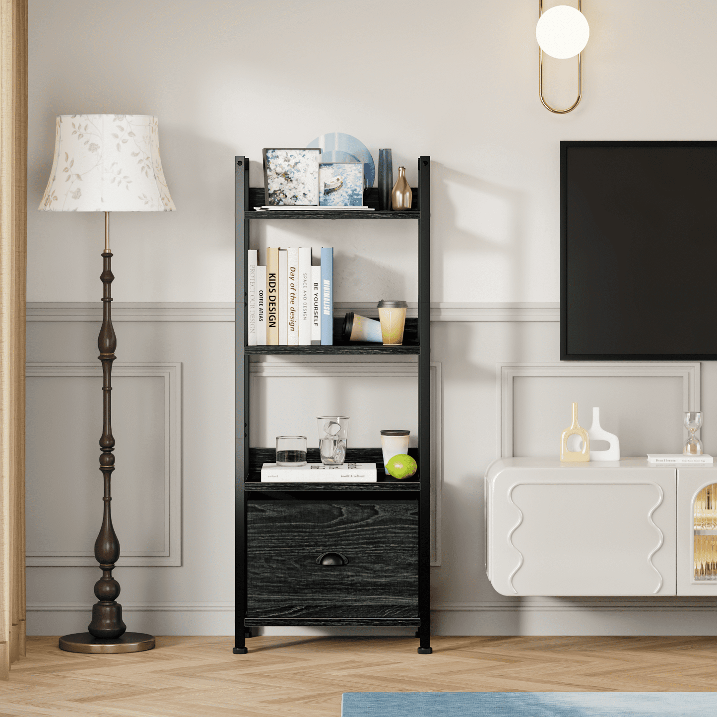Satifur 4 Tier Ladder Bookcase with Removable Drawer Tall Standing Bookshelf,White