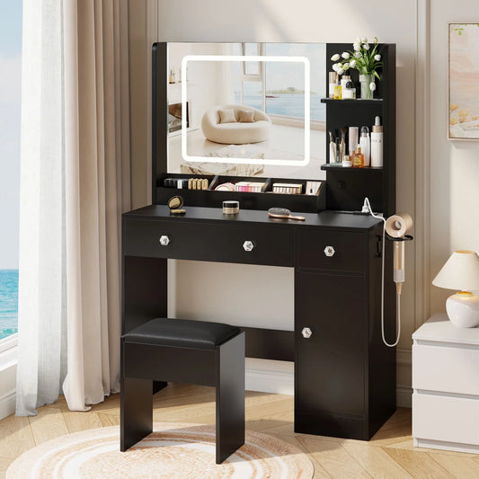 Tydimor Vanity Desk with Mirror & Lights, GRWM Vanity Set with Drawers & Storage Shelves, Makeup Dressing Table with Stool & Charging, Black