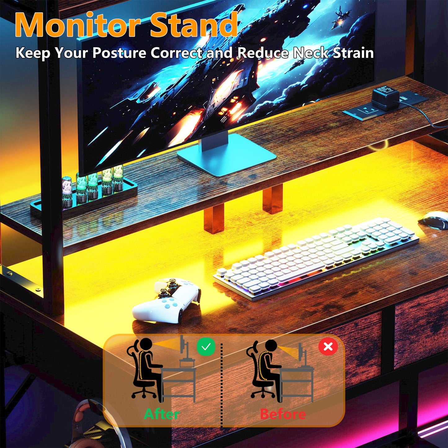 Hexmn Gaming Desk with LED Strip,Computer Desk with 2 Drawer,Rustic Brown