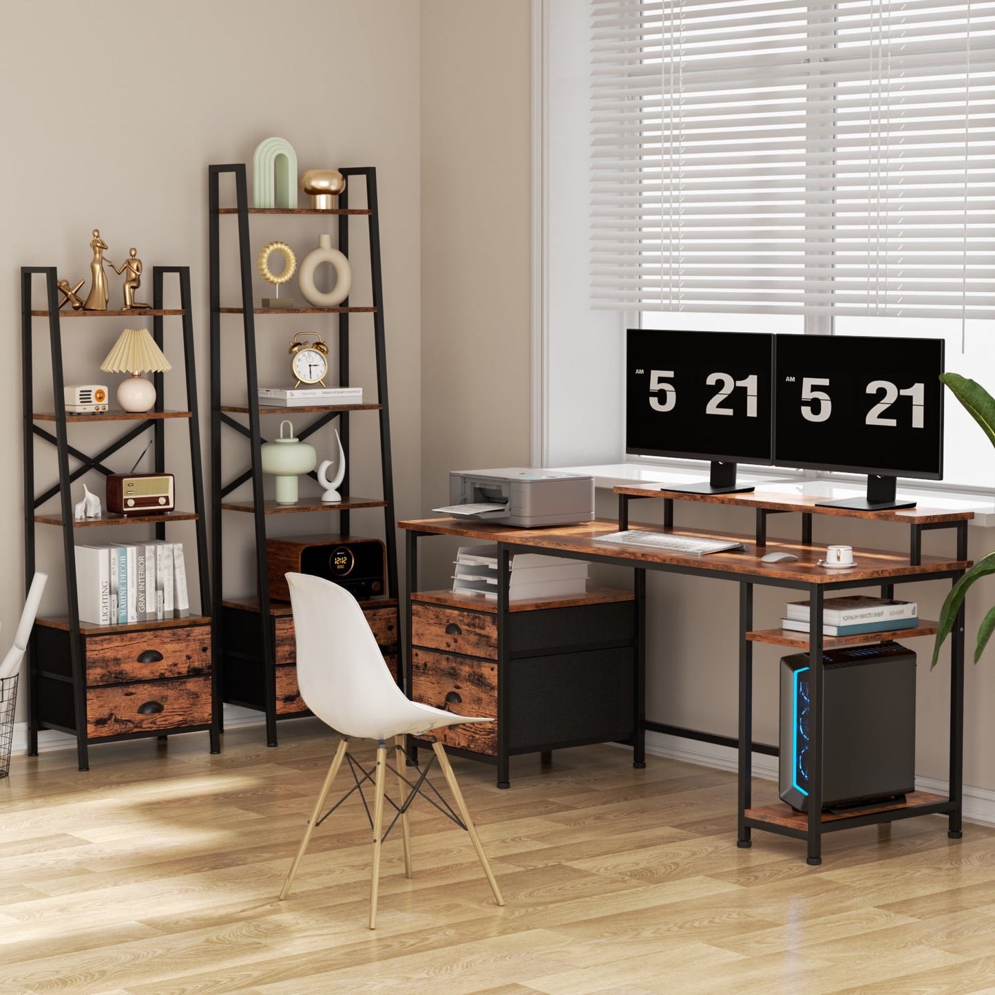 Hexmn Rustic Brown Ergonomic Computer Desk with Fabric Storage & Customizable Layout