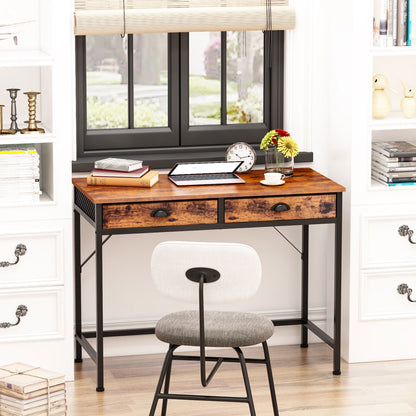 Furologee Computer Desk Home Office Writing Desk with 2 Fabric Drawers, Rustic Brown