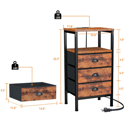 Satifur Nightstand with Charging Station Bedside Table with Fabric Storage Drawers, Rustic Brown