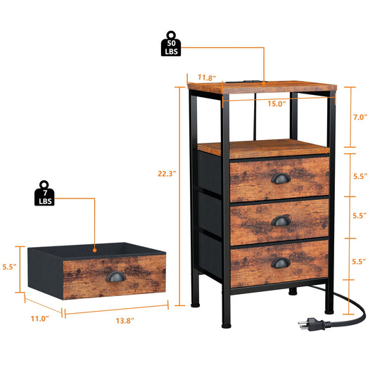 Satifur Nightstand with Charging Station Bedside Table with Fabric Storage Drawers, Rustic Brown