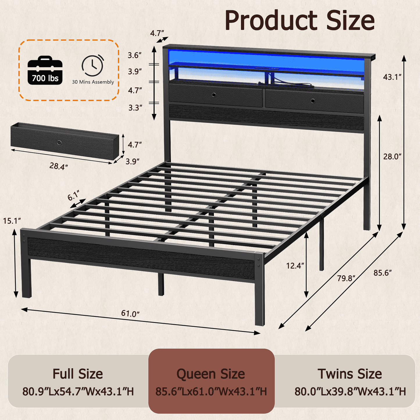 Tydimor Queen Size Bed Frame with 2 Storage Drawers Headboard, LED & Charging Station, Black oack