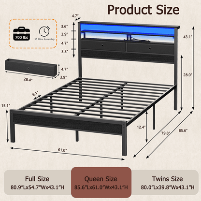Tydimor Queen Size Bed Frame with 2 Storage Drawers Headboard, LED & Charging Station, Black oack