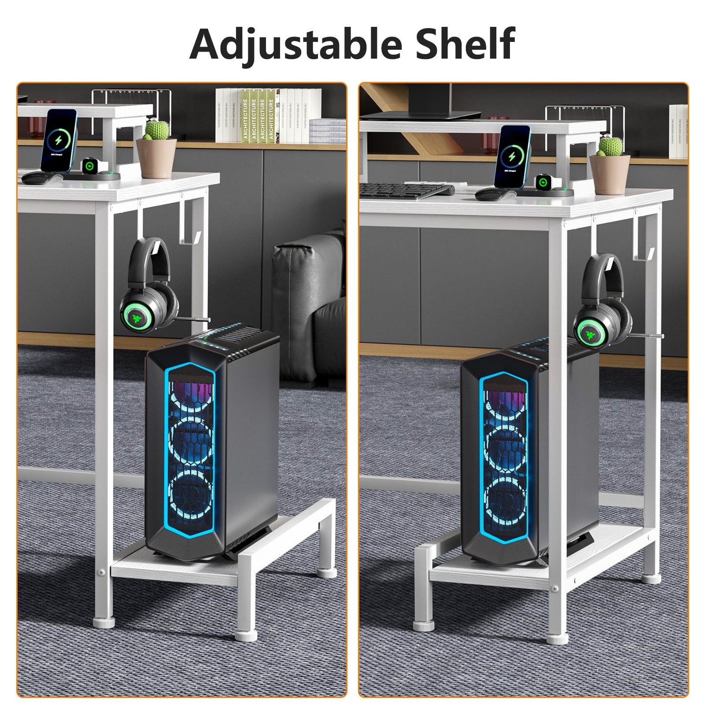 Hexmn Corner Desk with Outlets & Adjustable Shelves for Office Writing,White