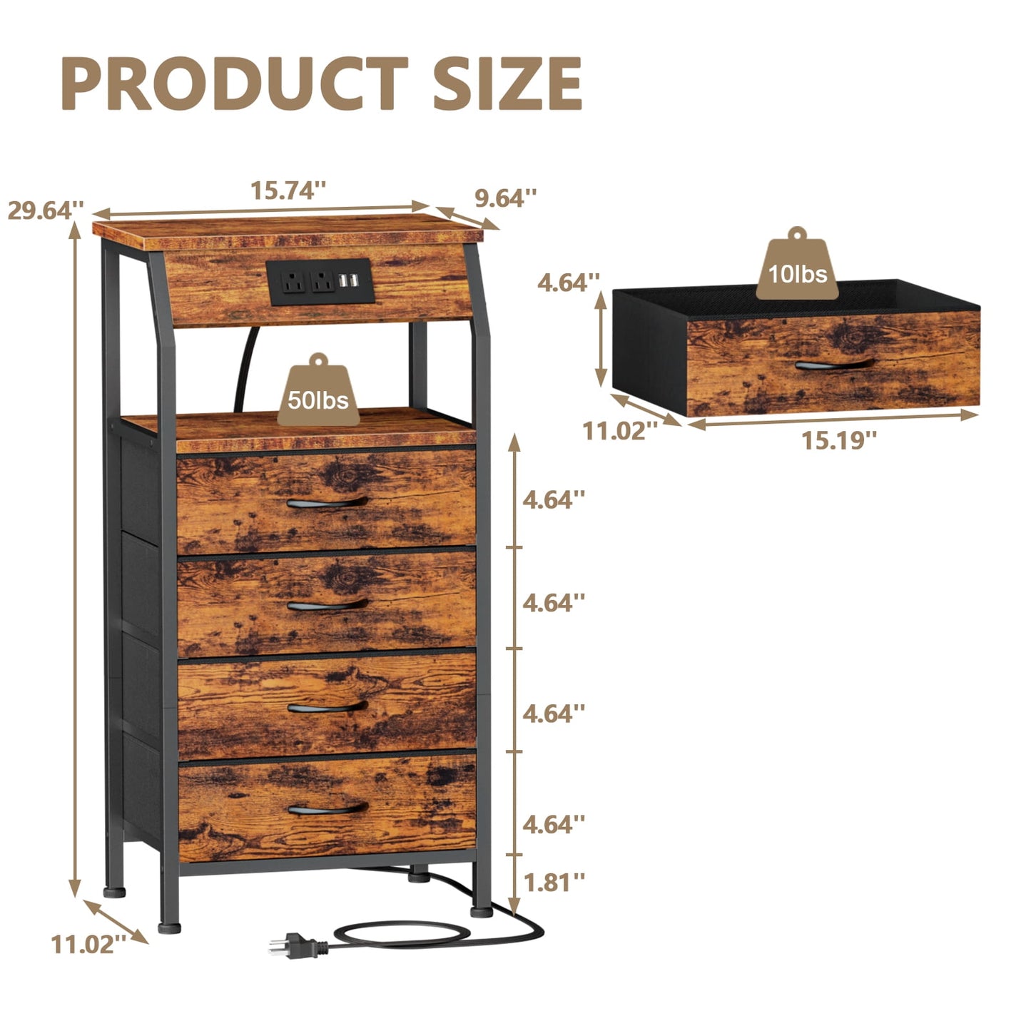 TYDIMOR Small Dresser for Bedroom, 4 Drawer with Charging Station, Brown, Ideal for Adults