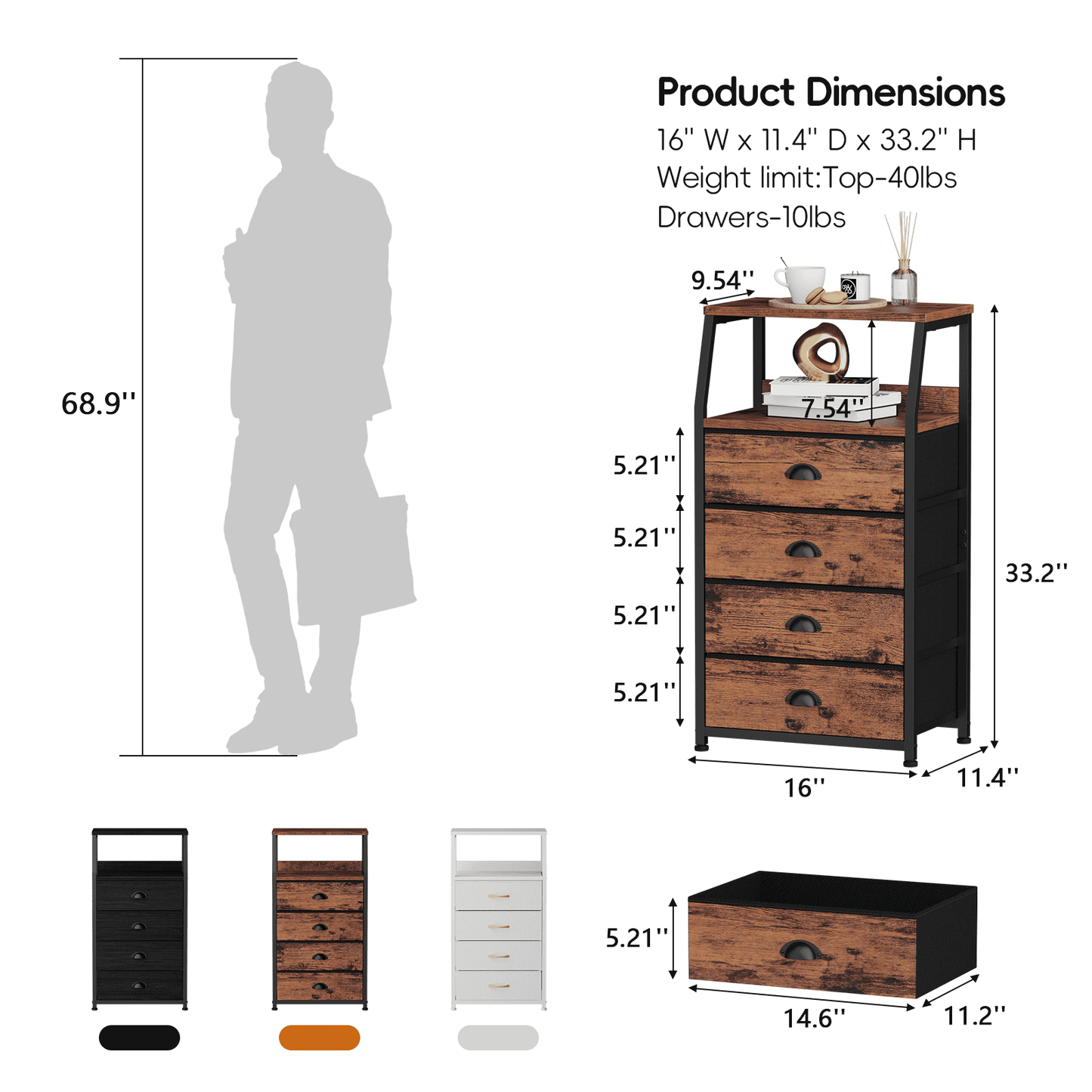 TYDIMOR Tall Nightstand, 4 Drawer Storage Organizer for Bedroom, Brown, for Adults