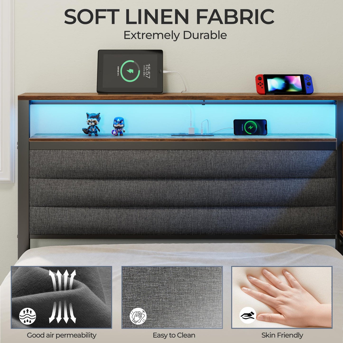 Tydimor L-Shaped Corner Bed Frame with 3 Storage Drawers, 3 Cubbies & Double-Layer Shelf, LED Lights & Power Outlet, Corner Twin Beds for Living Room, Bedroom and Guest, Rustic Brown