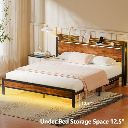 Satifur LED Bed Frame King Size with 2 USB Ports and Outlets, Platform Metal Bed Frame, No Box Spring Needed, Noise-Free