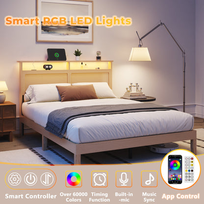 Tydimor Queen Bed Frame with Headboard & Bookcase Storage Shelf, Rattan Beds with Charging Station and LED Lights, No Box Spring Needed