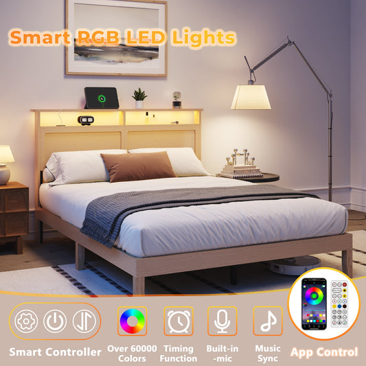 Tydimor Queen Bed Frame with Headboard & Bookcase Storage Shelf, Rattan Beds with Charging Station and LED Lights, No Box Spring Needed
