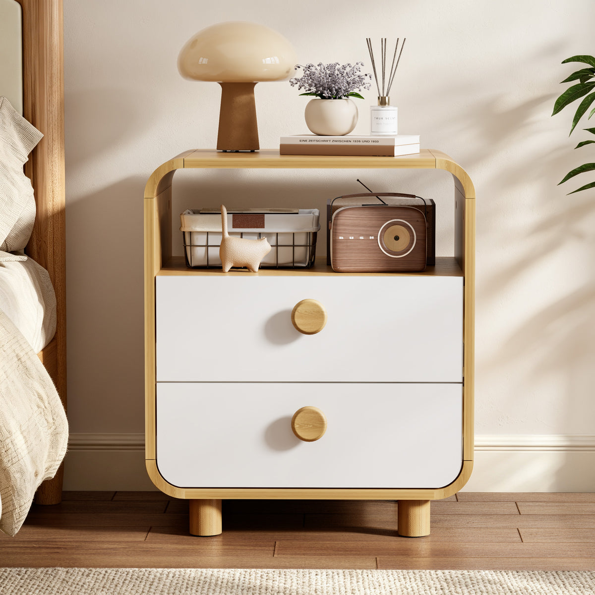 Satifur 2-Drawer Nightstand, White Bedside Table with Open Shelf & Wood Frame, Compact Storage for Bedroom, Living Room