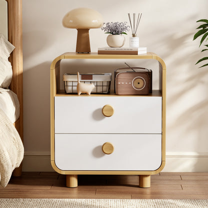 Satifur 2-Drawer Nightstand, White Bedside Table with Open Shelf & Wood Frame, Compact Storage for Bedroom, Living Room
