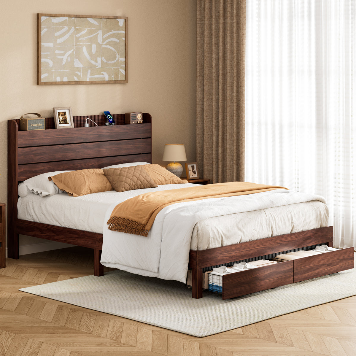 Satifur Queen Size Bed Frame with Storage Headboard & Charging Station, Wooden Platform Bed with 2 Large Storage Drawers, Heavy Duty Slats Support, No Box Spring Needed, American Walnut