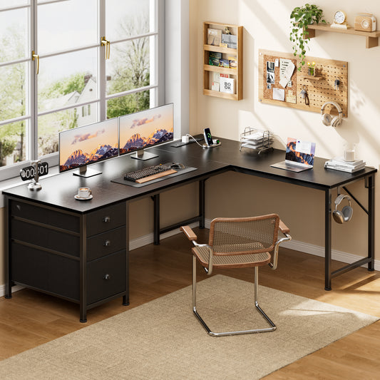Satifur 63 Inch Reversible L Shaped Corner Computer Desk, Black Home Office Gaming Desk with 3 US AC Outlets 1 USB 1 Type-C Charging, 2 Non-Woven Drawers & File Cabinet, L Hooks & Cable Plugs