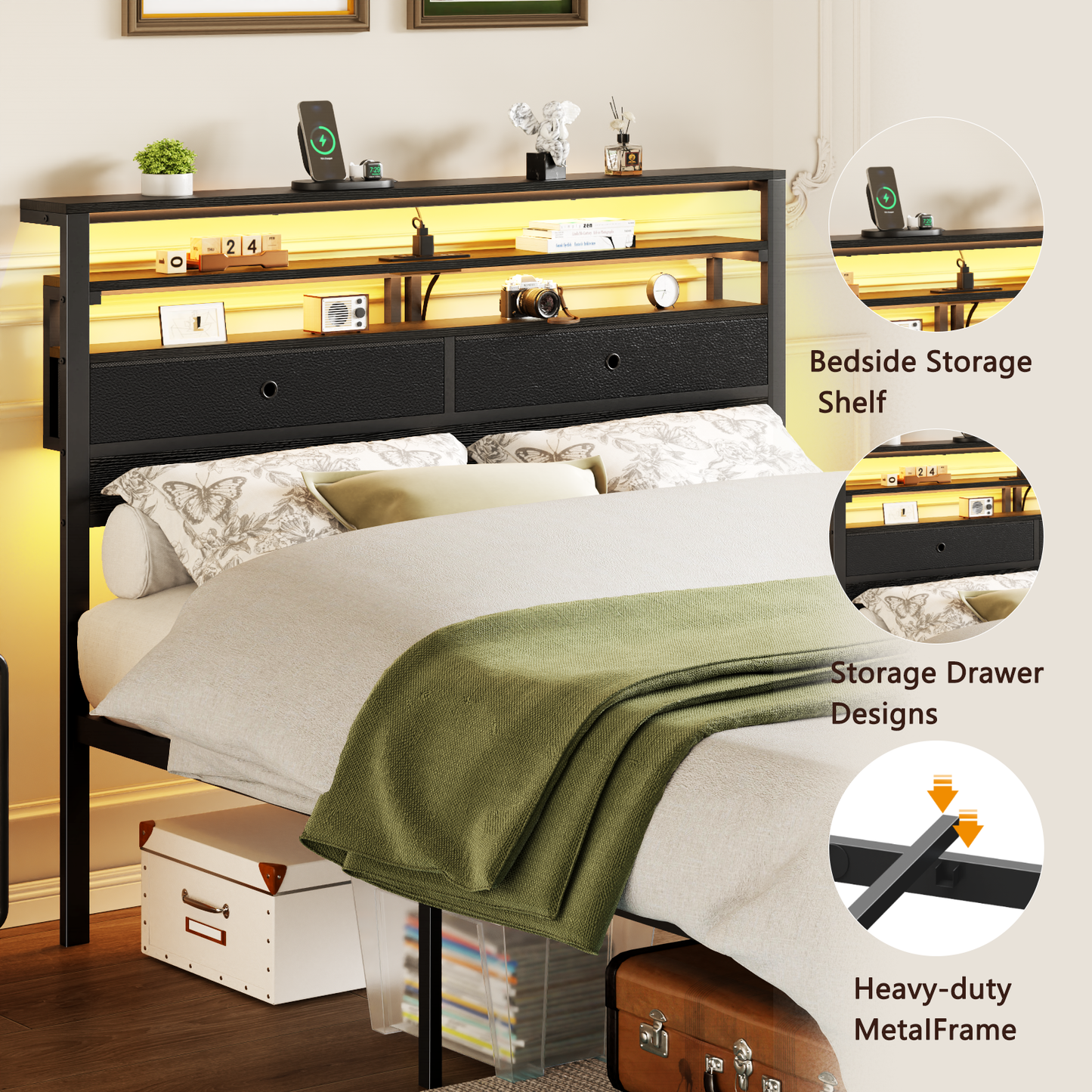 Satifur Full Size Bed Frame with 2 Storage Drawers Headboard, LED & Charging Station, Black oack