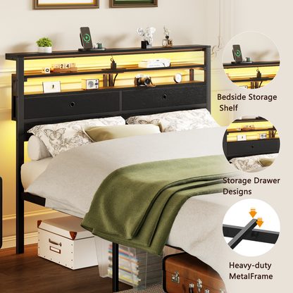 Satifur Full Size Bed Frame with 2 Storage Drawers Headboard, LED & Charging Station, Black oack