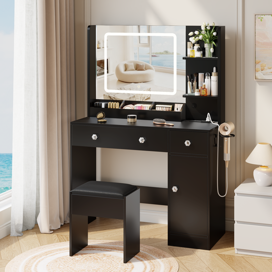 Satifur Vanity Desk with Mirror & Lights, GRWM Vanity Set with Drawers & Storage Shelves, Makeup Dressing Table with Stool & Charging, Black