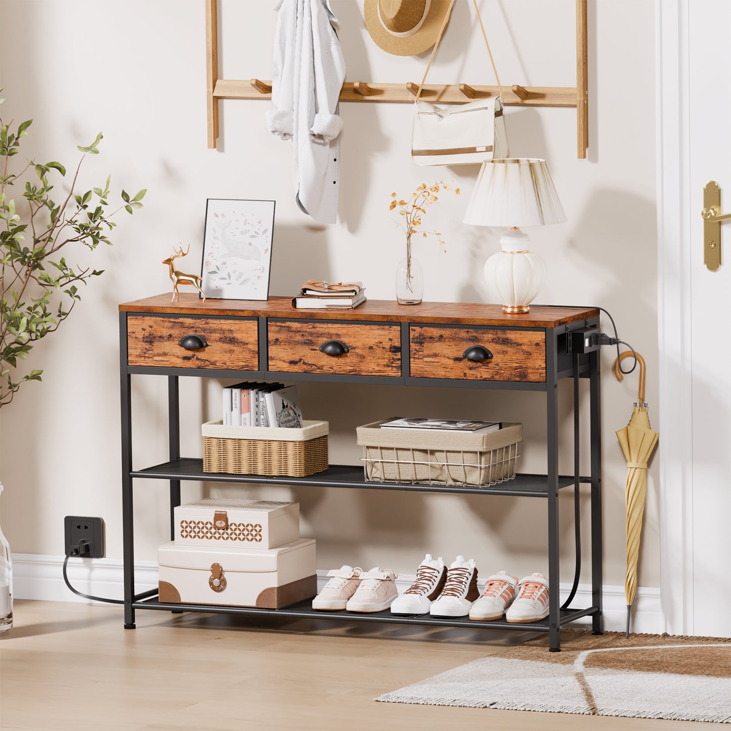 Satifur 38" Entryway Table with Power Outlets, Console Table with 3 Fabric Drawers, Hallway Table, Rustic Brown