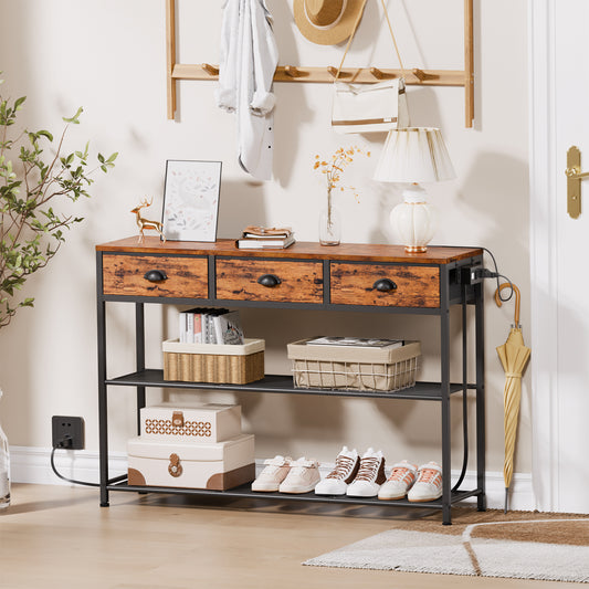 Satifur 38" Entryway Table with Power Outlets, Console Table with 3 Fabric Drawers, Hallway Table, Rustic Brown