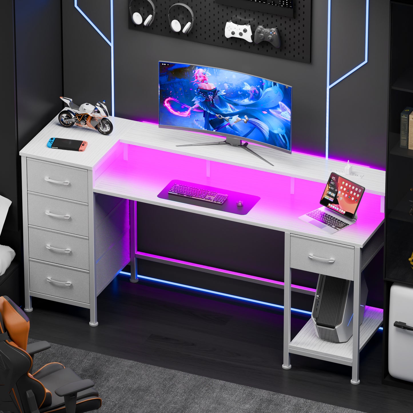 Satifur Gaming Desk with LED Lights & Power Outlets, 55" Computer Desk with 5 Fabric Drawers & Open Storage, Reversible Home Office Desk,White