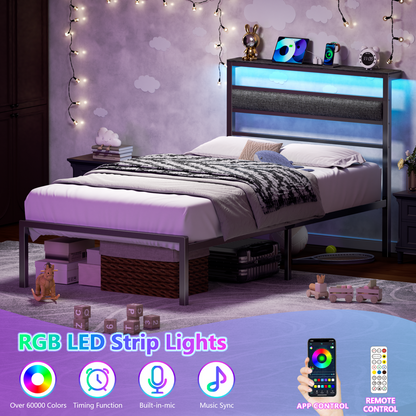 Satifur Twin Size Bed Frame with Upholstered Headboard & Shelf, LED Lights & USB Charging Station, Metal Black
