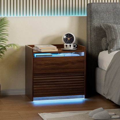 Satifur Nightstand with Charging Station and Smart LED Lights, Modern Fluted Bedside Table with 2 Drawers, End Table for Bedroom and Living Room, American Walnut