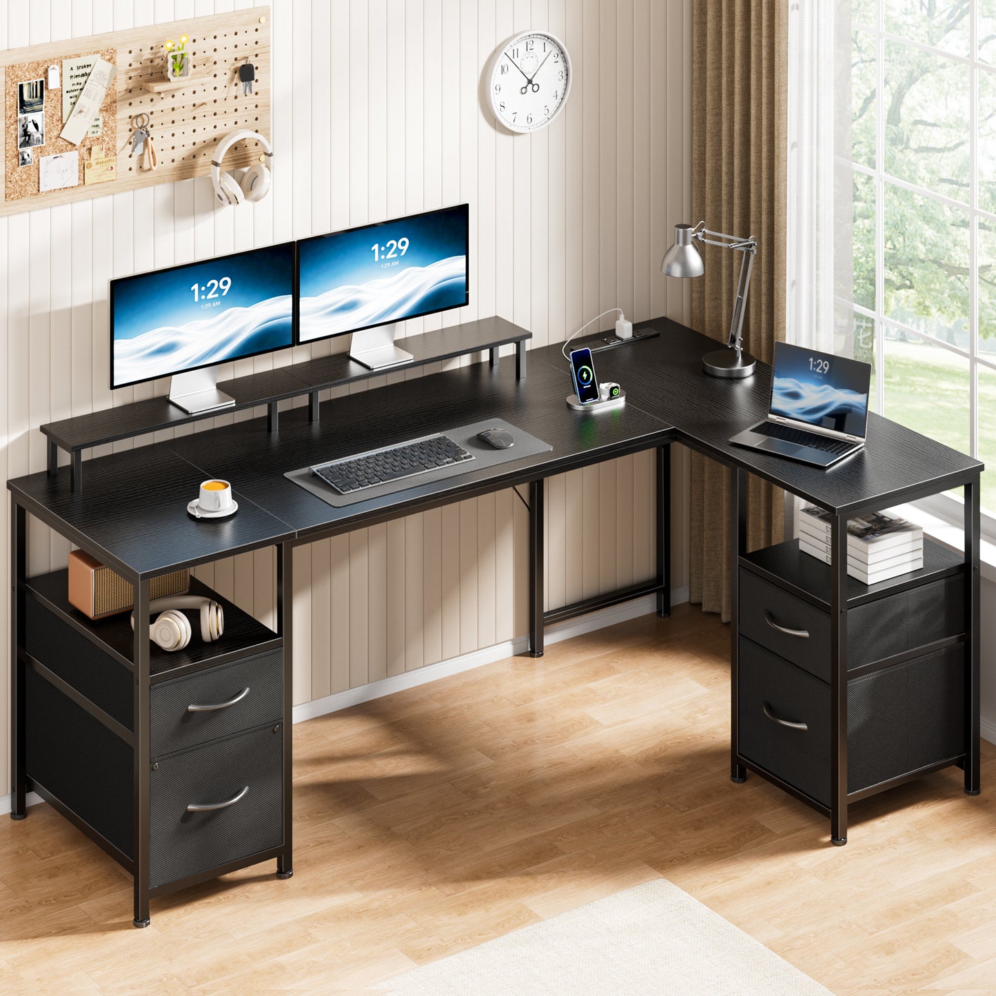 Satifur 57 Inch Reversible L Shaped Computer Desk with LED Lights & Outlets, Office Desk with 3 Drawers & 1 File Cabinet, Black