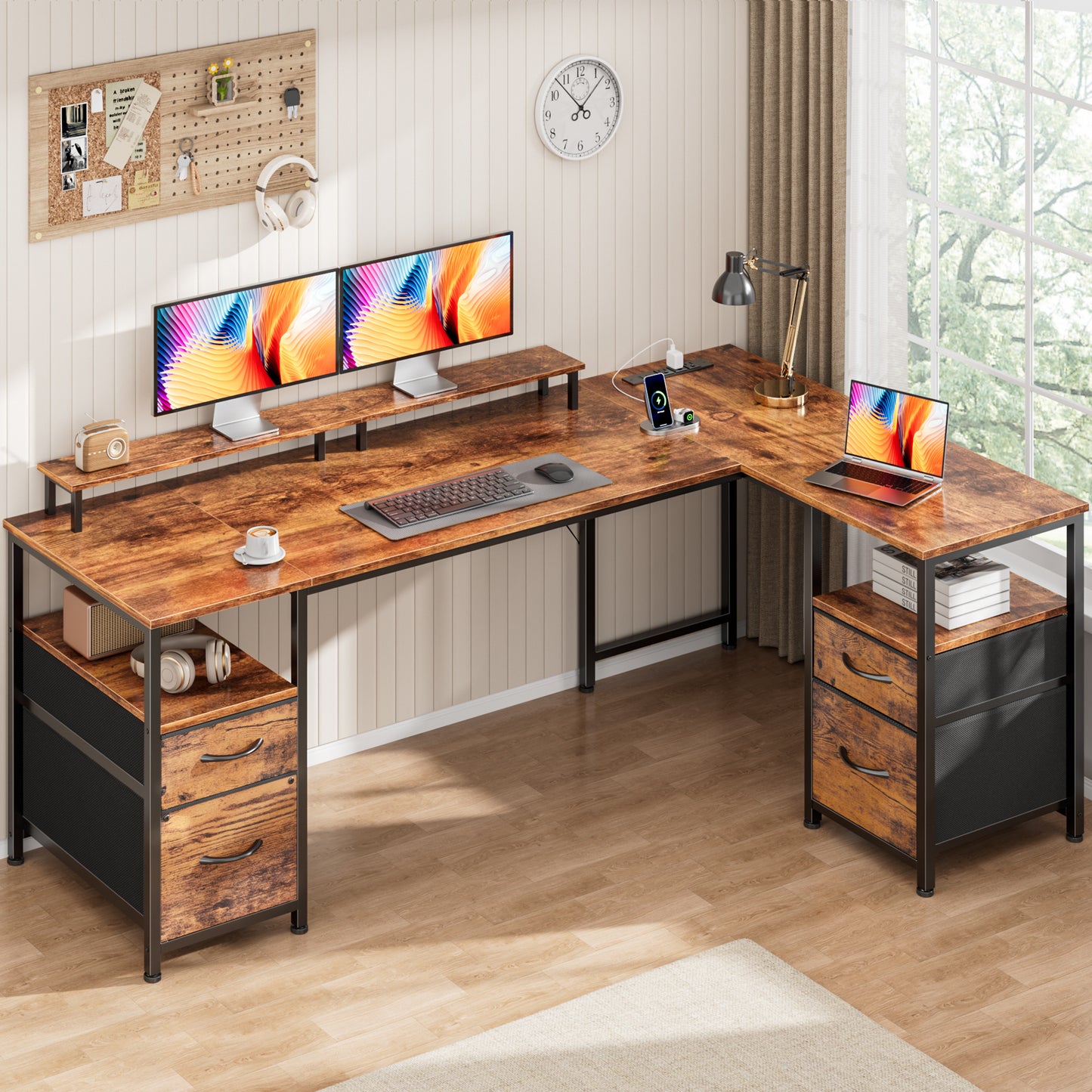 Satifur 65 Inch Reversible L Shaped Computer Desk with LED Lights & Outlets, Office Desk with 3 Drawers & 1 File Cabinet, Rustic Brown