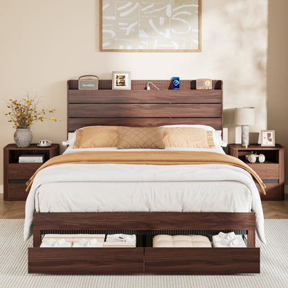 Satifur Queen Size Bed Frame with Storage Headboard & Charging Station, Wooden Platform Bed with 2 Large Storage Drawers, Heavy Duty Slats Support, No Box Spring Needed, American Walnut
