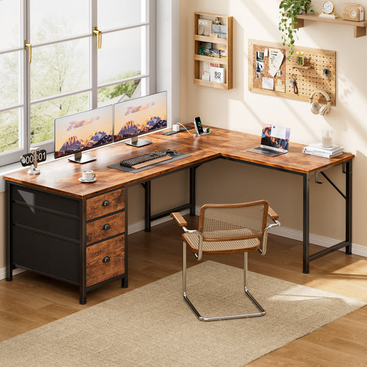 Satifur 55 Inch Reversible L Shaped Corner Computer Desk, Rustic Home Office Desk with 3 US AC Outlets 1 USB 1 Type-C Charging Port, 2 Non-Woven Drawers & File Cabinet, L Hooks & Cable Hole Plugs