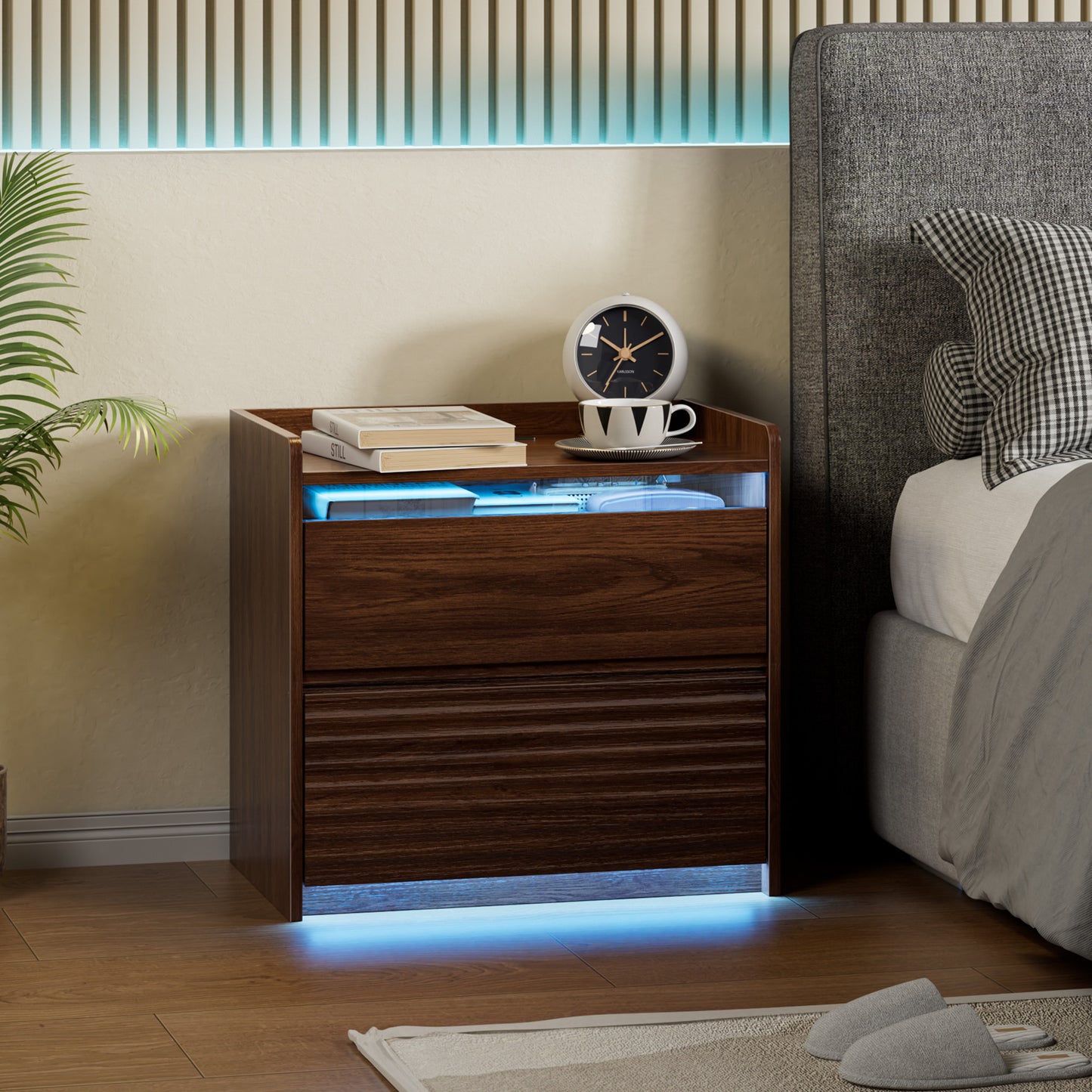 Satifur Nightstand with Charging Station & LED Lights, Smart Wooden Bedside Table with 2 Drawers, Fluted End Table, Walnut, Set of 2
