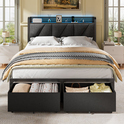 Satifur Queen Bed Frame with 2 Storage Drawers and Upholstered Storage Headboard, Metal Platform Bed with Charging Station & LED, Noise-Free, No Box Spring Needed, Dark Grey & Black