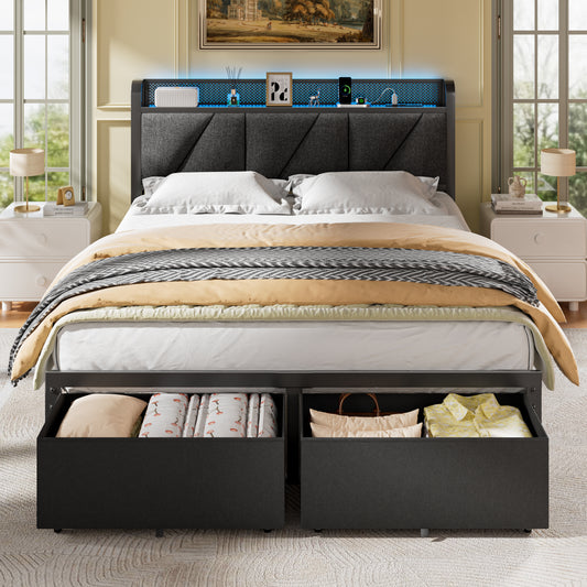 Satifur Queen Bed Frame with 2 Storage Drawers and Upholstered Storage Headboard, Metal Platform Bed with Charging Station & LED, Noise-Free, No Box Spring Needed, Dark Grey & Black