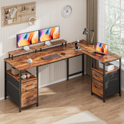 Satifur 57 Inch Reversible L Shaped Computer Desk with LED Lights & Outlets, Office Desk with 3 Drawers & 1 File Cabinet, Rustic Brown