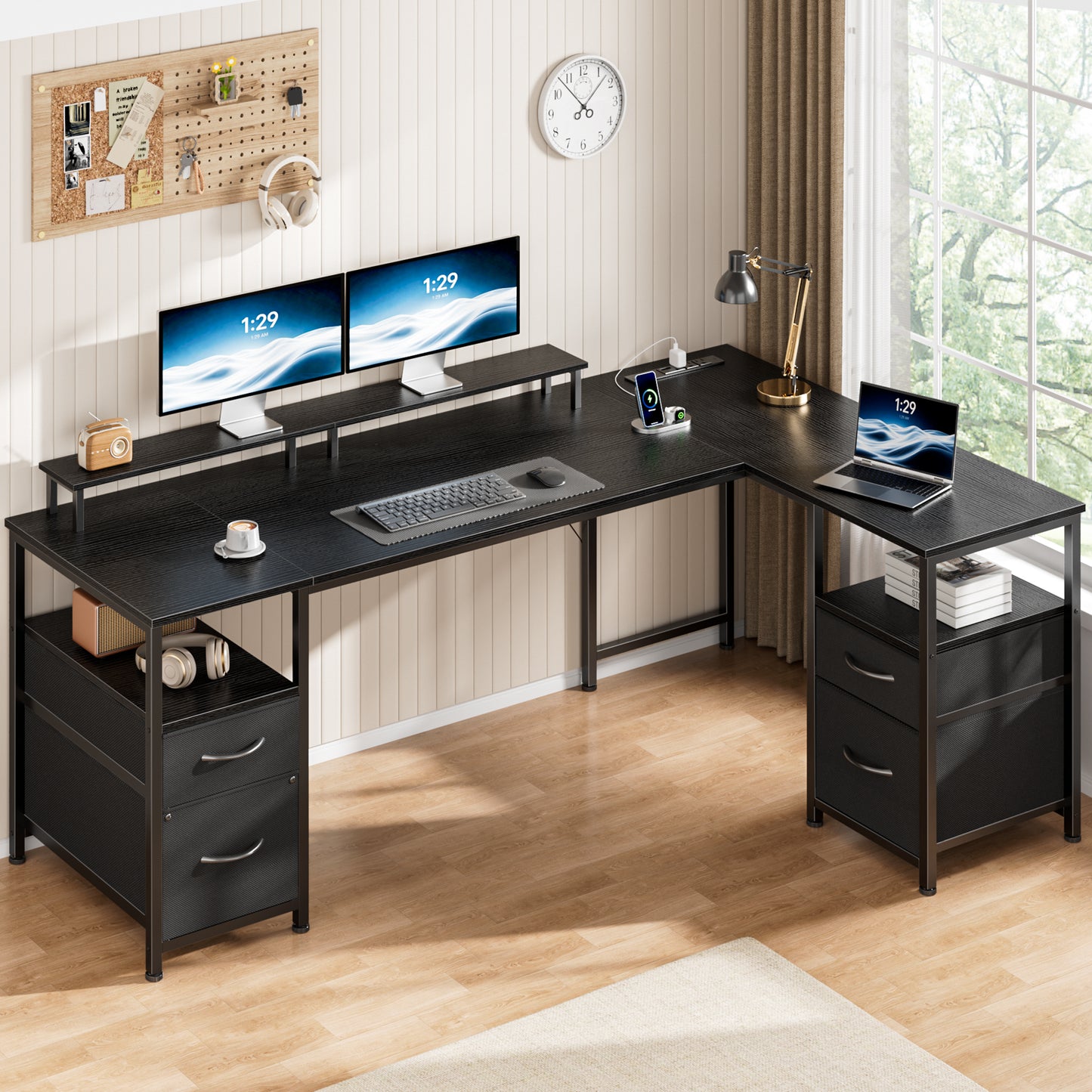 Satifur 65 Inch Reversible L Shaped Computer Desk with LED Lights & Outlets, Office Desk with 3 Drawers & 1 File Cabinet, Black