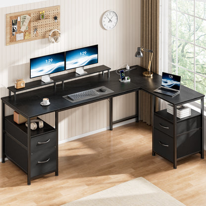 Satifur 65 Inch Reversible L Shaped Computer Desk with LED Lights & Outlets, Office Desk with 3 Drawers & 1 File Cabinet, Black