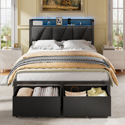 Satifur Full Bed Frame with 2 Storage Drawers and Upholstered Storage Headboard, Metal Platform Bed with Charging Station & LED, Noise-Free, No Box Spring Needed, Dark Grey & Black
