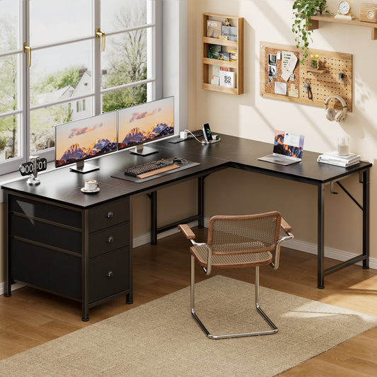 Satifur 55 Inch Reversible L Shaped Corner Computer Desk, Black Home Office Gaming Desk with 3 US AC Outlets 1 USB 1 Type-C Charging, 2 Non-Woven Drawers & File Cabinet, L Hooks & Cable Plugs