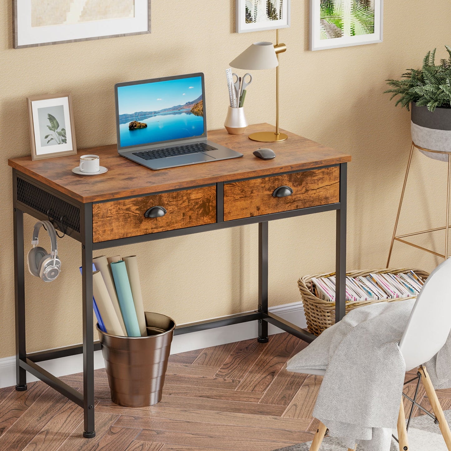Furologee Computer Desk Home Office Writing Desk with 2 Fabric Drawers, Rustic Brown