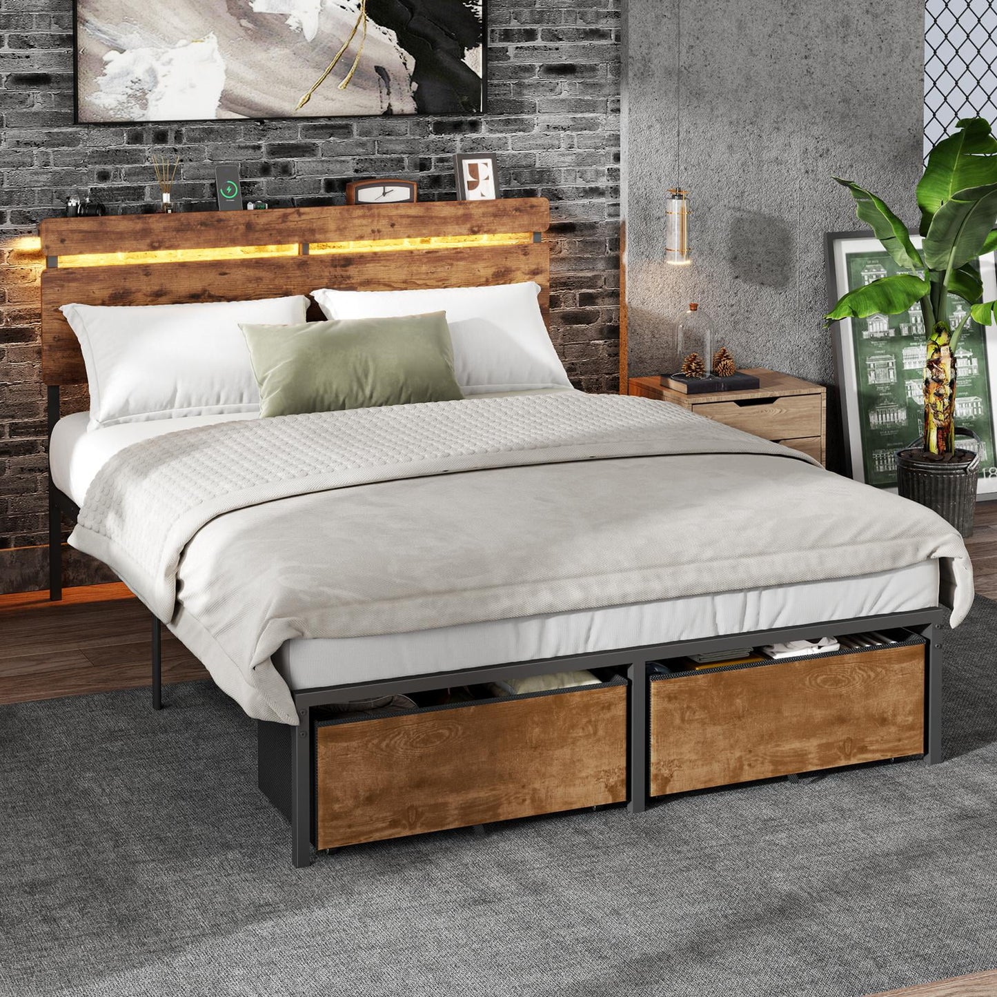 Tydimor Full Size Bed Frame with 2 Drawers & LED Lights & Charging Station, Beds with Headboard & 10.10" Under Bed Storage, No Box Spring Needed, Easy Assembly, Rustic Brown