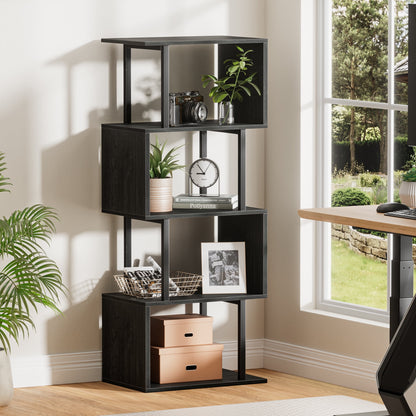 Satifur 4-Tier S-Shaped Geometric Bookcase, Industrial Freestanding Storage Shelving Unit