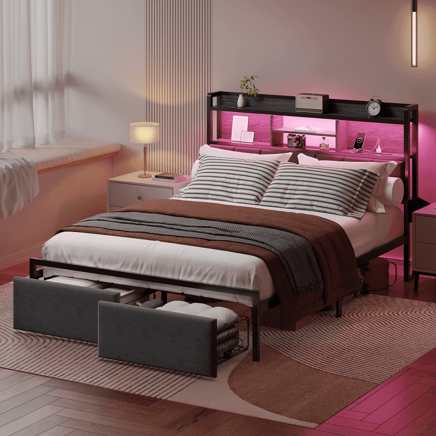 Satifur Full LED Bed Frame with Upholstered Storage Headboard & Drawers, USB Ports, RGB Lights and Under Bed Storage