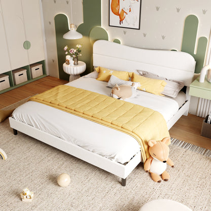 Satifur King Bed Frame with Teddy Velvet Soft Curved Headboard, Platform Bed with Wooden Slats Support, Easy Assembly, Noise-Free, White