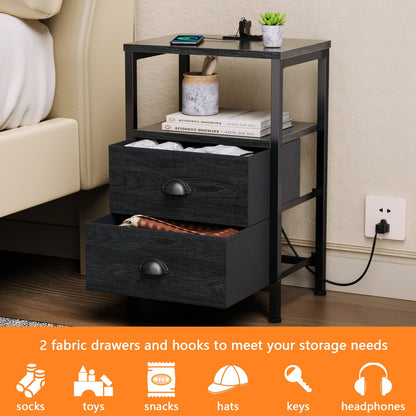 Satifur Bedside Table with Charging Station,Set of 2 LED Nightstand with 2 Fabric Drawers,Black Oak