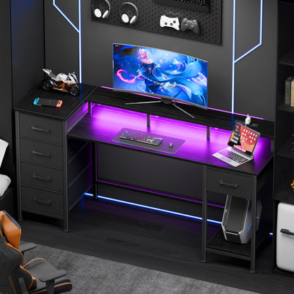 Satifur Gaming Desk with LED Lights & Power Outlets, 55" Computer Desk with 5 Fabric Drawers & Open Storage, Reversible Home Office Desk,Black
